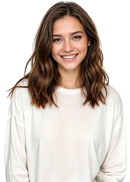 Étudiante aux longs cheveux bruns en chemise blanche